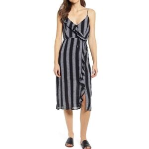 Rails Black and Gray Vertical Stripe Ruffle Wrap Midi Dress